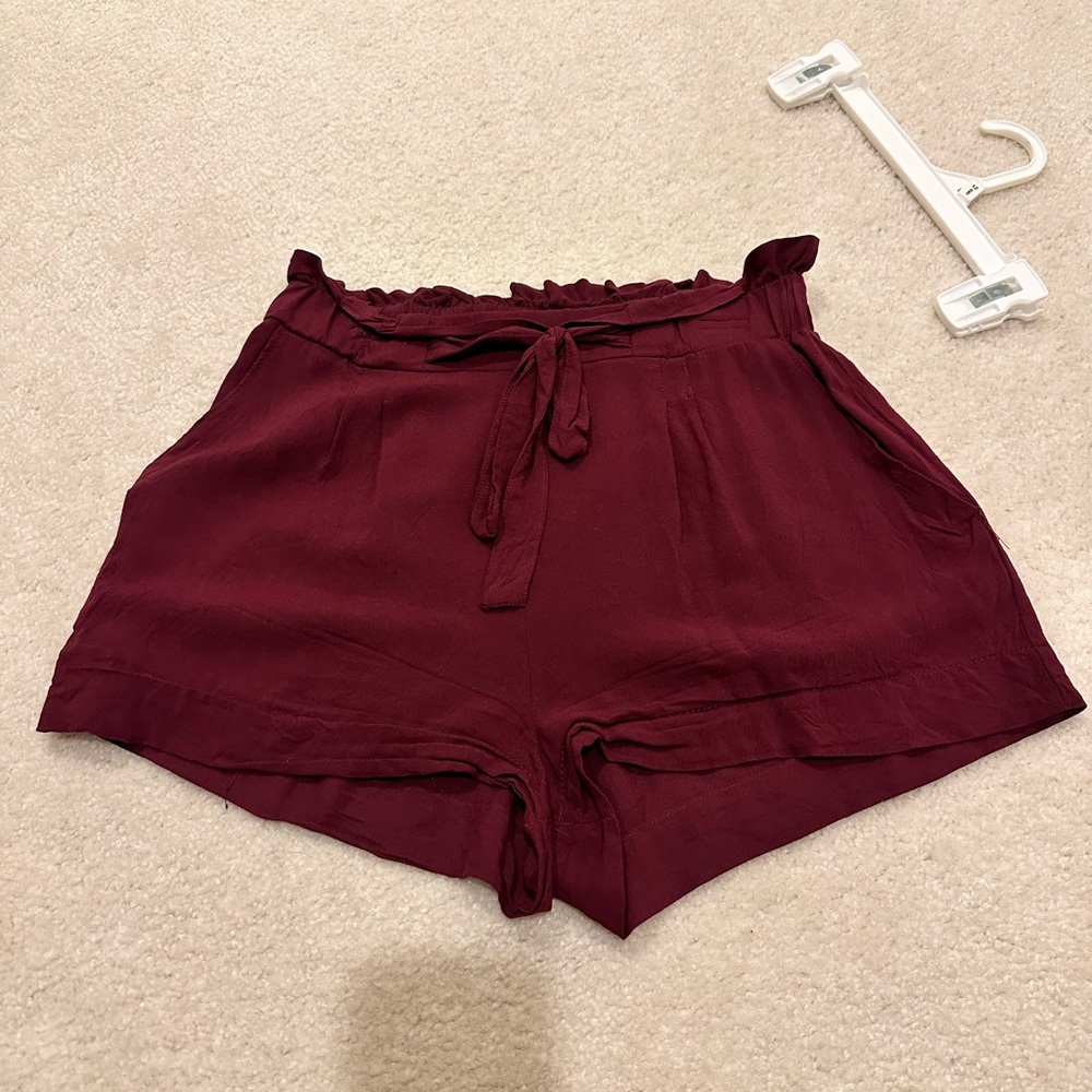 Burgandy High Waisted Flowy Shorts with Belt